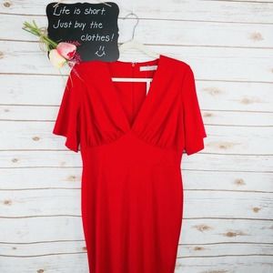 Asos Dress Size 10 Sheath Midi Gathered Bust Vneck Short Sleeve Zip Back Slit